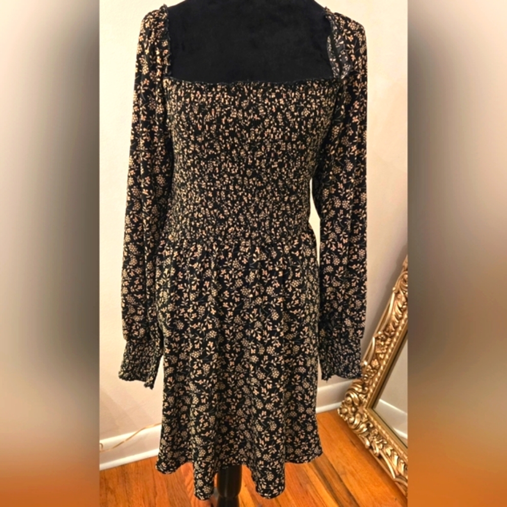 Band Of Gypsies Floral Black Dress With Smocked Bodice And Cuffs